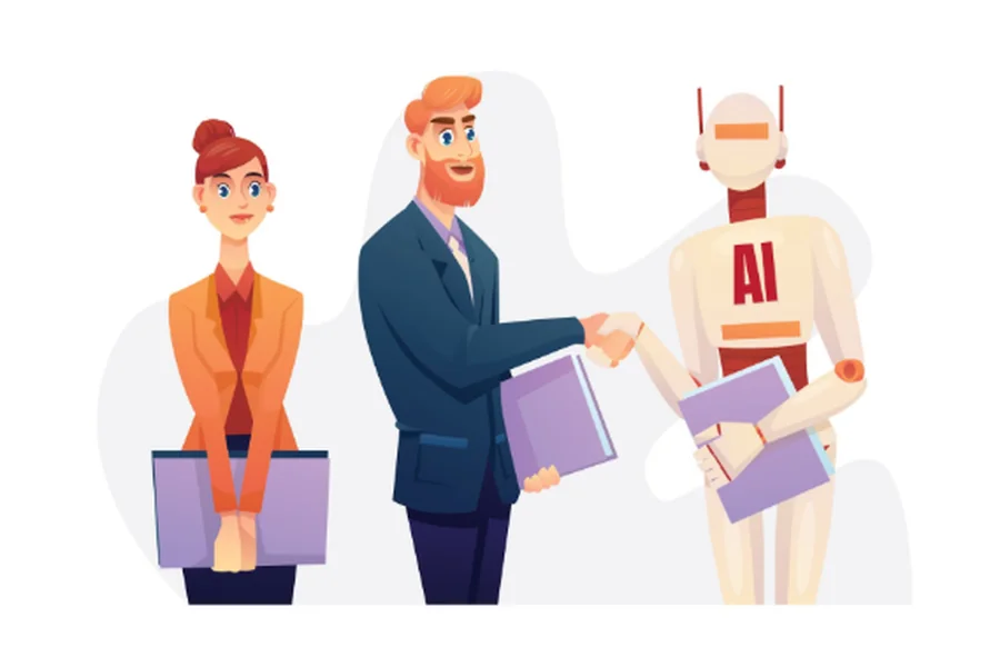 property manager and robot handshake for deal and contract business partnership